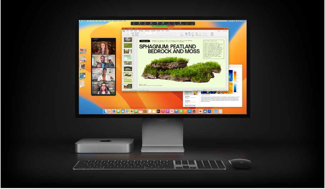 Mac mini avec Magic Mouse, Magic Keyboard et Studio Display, où s’affiche une présentation Microsoft PowerPoint partagée durant une réunion Zoom, en plus de l’app Notes en arrière-plan.